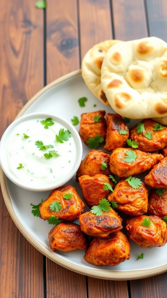 Air fryer tandoori chicken garnished with cilantro, served with naan and cucumber raita on a rustic table.